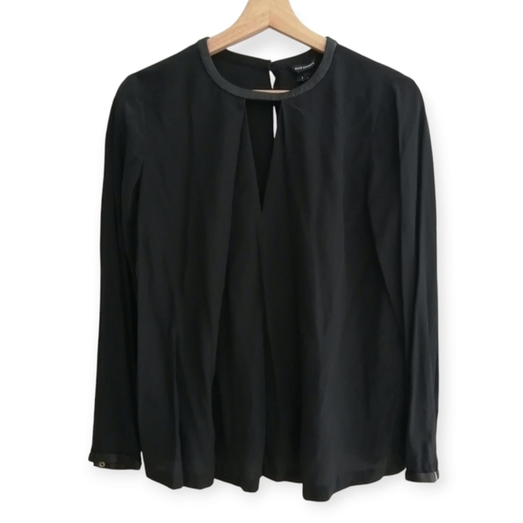 Club Monaco Silk Pleated Keyhole Neck Black Blouse With Lamb Leather Trim XS - Picture 16 of 16